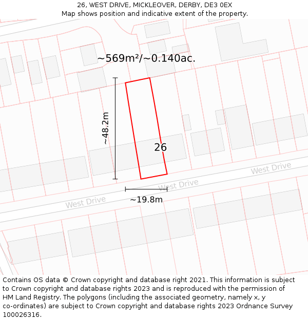 26, WEST DRIVE, MICKLEOVER, DERBY, DE3 0EX: Plot and title map