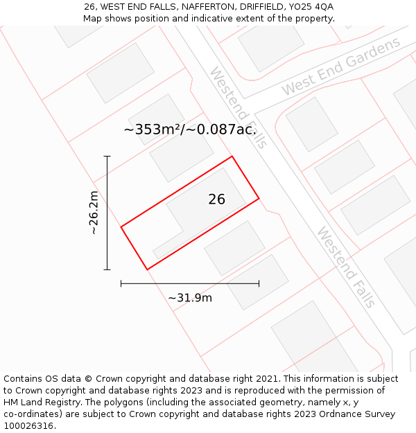 26, WEST END FALLS, NAFFERTON, DRIFFIELD, YO25 4QA: Plot and title map