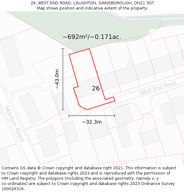 26, WEST END ROAD, LAUGHTON, GAINSBOROUGH, DN21 3GT: Plot and title map