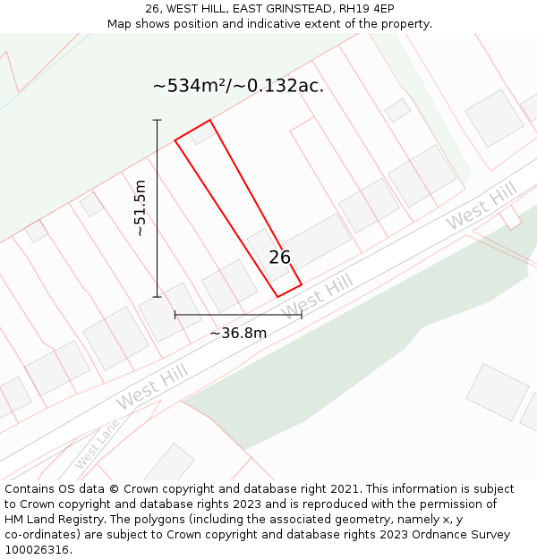 26, WEST HILL, EAST GRINSTEAD, RH19 4EP: Plot and title map