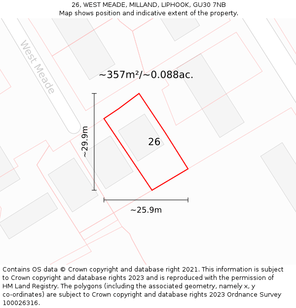 26, WEST MEADE, MILLAND, LIPHOOK, GU30 7NB: Plot and title map