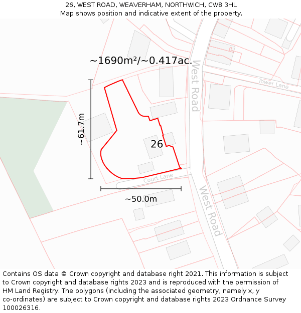 26, WEST ROAD, WEAVERHAM, NORTHWICH, CW8 3HL: Plot and title map