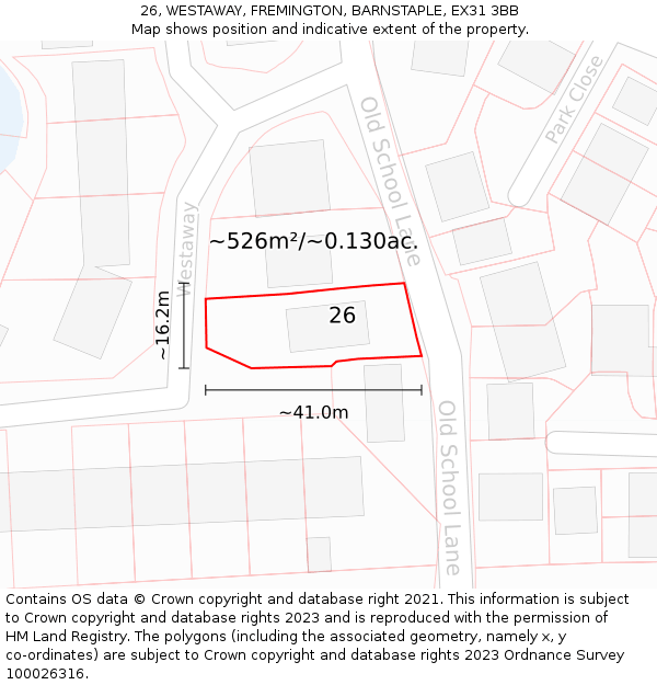 26, WESTAWAY, FREMINGTON, BARNSTAPLE, EX31 3BB: Plot and title map