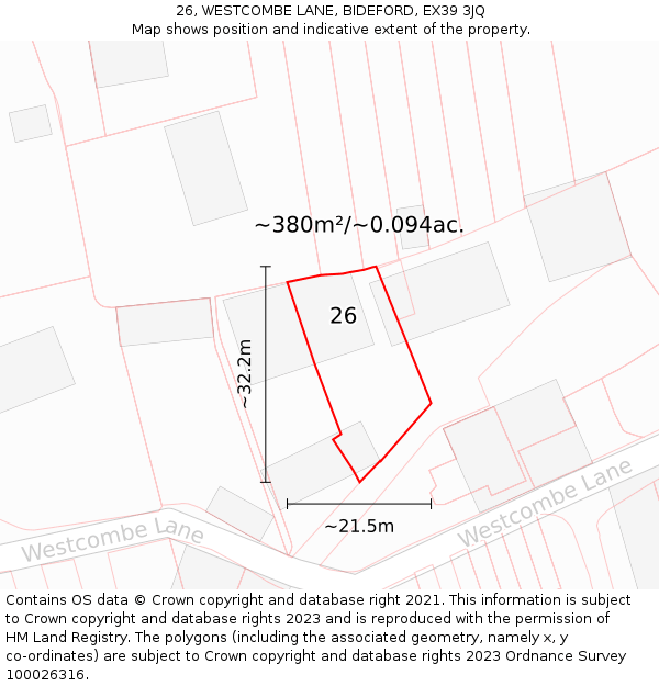 26, WESTCOMBE LANE, BIDEFORD, EX39 3JQ: Plot and title map