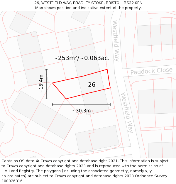 26, WESTFIELD WAY, BRADLEY STOKE, BRISTOL, BS32 0EN: Plot and title map
