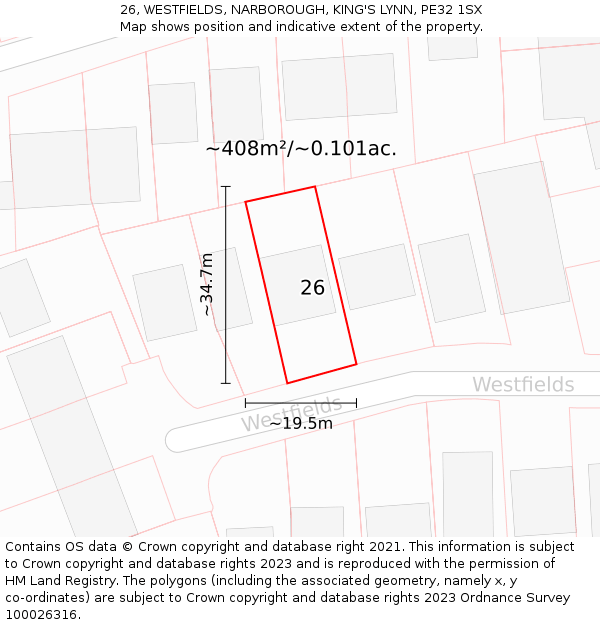 26, WESTFIELDS, NARBOROUGH, KING'S LYNN, PE32 1SX: Plot and title map