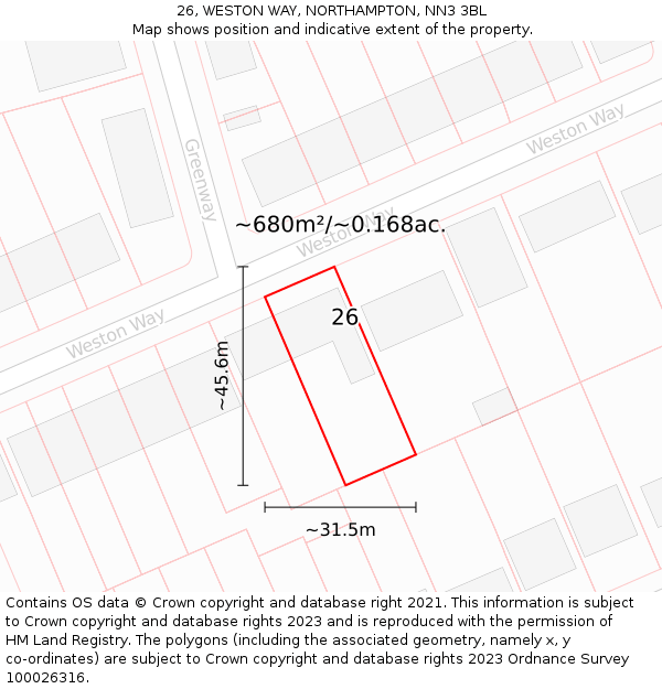 26, WESTON WAY, NORTHAMPTON, NN3 3BL: Plot and title map