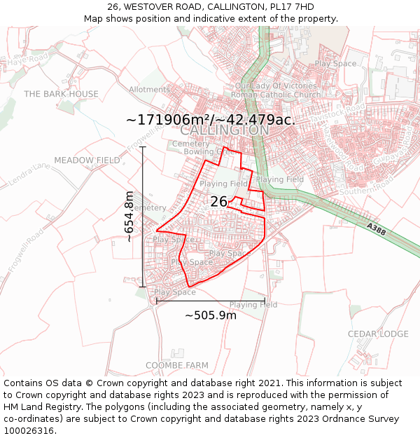 26, WESTOVER ROAD, CALLINGTON, PL17 7HD: Plot and title map