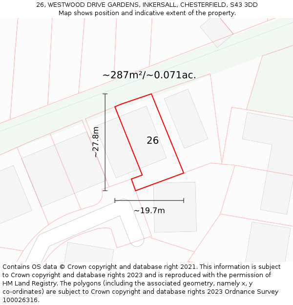 26, WESTWOOD DRIVE GARDENS, INKERSALL, CHESTERFIELD, S43 3DD: Plot and title map