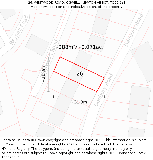 26, WESTWOOD ROAD, OGWELL, NEWTON ABBOT, TQ12 6YB: Plot and title map