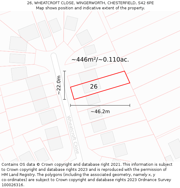 26, WHEATCROFT CLOSE, WINGERWORTH, CHESTERFIELD, S42 6PE: Plot and title map
