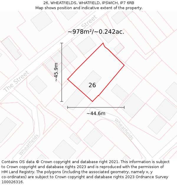 26, WHEATFIELDS, WHATFIELD, IPSWICH, IP7 6RB: Plot and title map