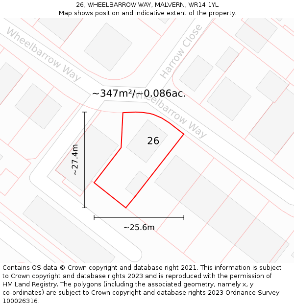 26, WHEELBARROW WAY, MALVERN, WR14 1YL: Plot and title map