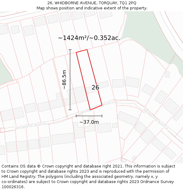 26, WHIDBORNE AVENUE, TORQUAY, TQ1 2PQ: Plot and title map
