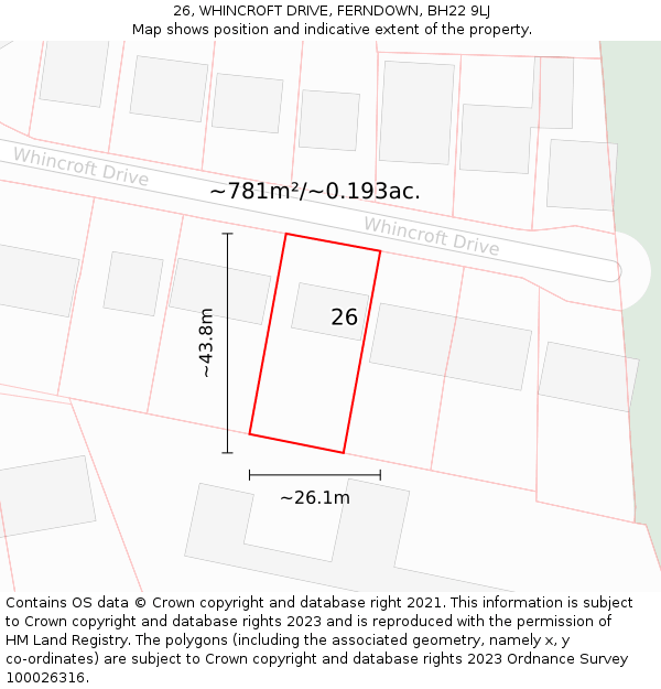 26, WHINCROFT DRIVE, FERNDOWN, BH22 9LJ: Plot and title map