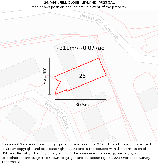 26, WHINFELL CLOSE, LEYLAND, PR25 5AL: Plot and title map