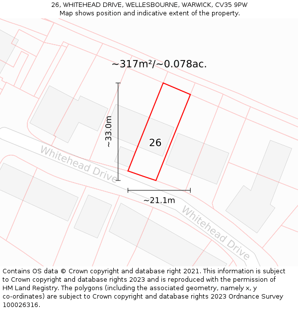 26, WHITEHEAD DRIVE, WELLESBOURNE, WARWICK, CV35 9PW: Plot and title map
