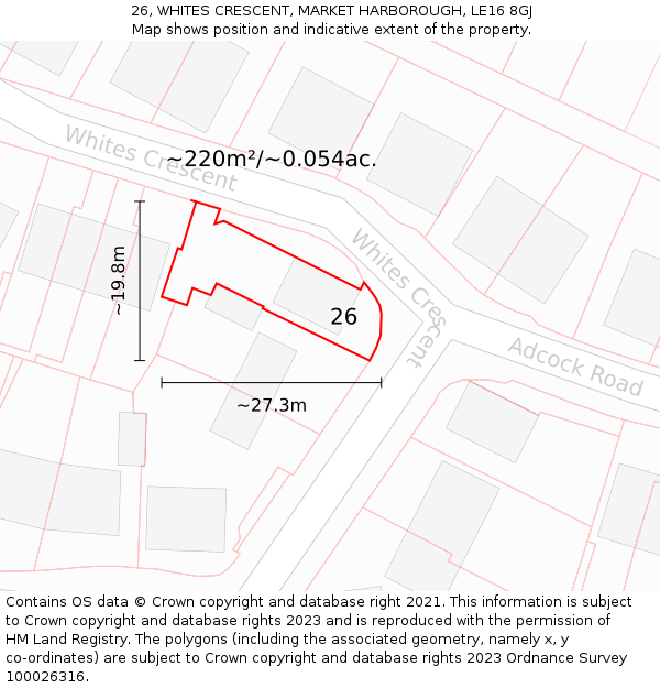 26, WHITES CRESCENT, MARKET HARBOROUGH, LE16 8GJ: Plot and title map