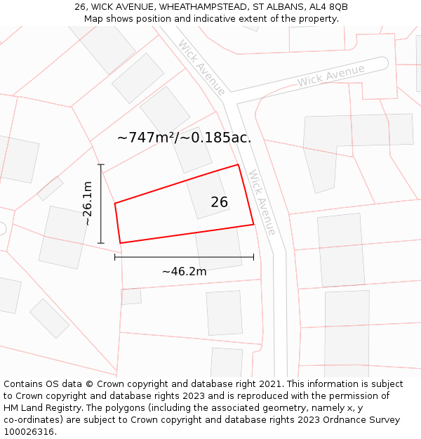 26, WICK AVENUE, WHEATHAMPSTEAD, ST ALBANS, AL4 8QB: Plot and title map