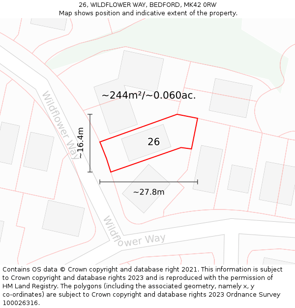 26, WILDFLOWER WAY, BEDFORD, MK42 0RW: Plot and title map
