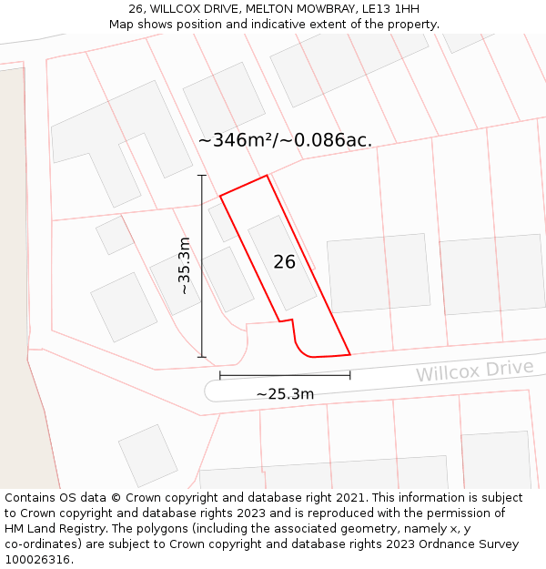 26, WILLCOX DRIVE, MELTON MOWBRAY, LE13 1HH: Plot and title map
