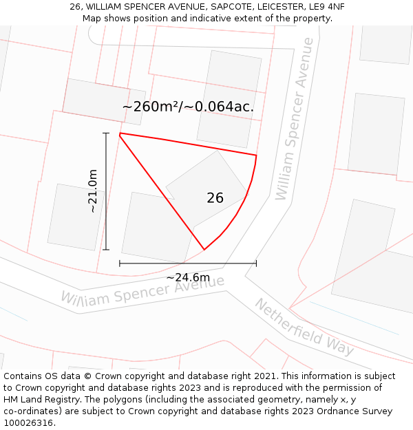 26, WILLIAM SPENCER AVENUE, SAPCOTE, LEICESTER, LE9 4NF: Plot and title map