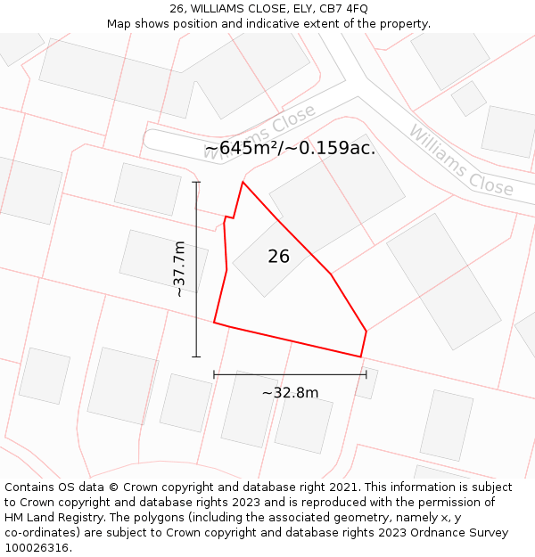 26, WILLIAMS CLOSE, ELY, CB7 4FQ: Plot and title map
