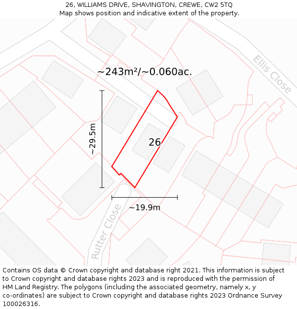 26, WILLIAMS DRIVE, SHAVINGTON, CREWE, CW2 5TQ: Plot and title map