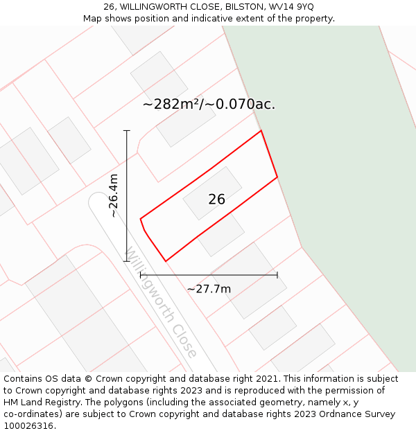 26, WILLINGWORTH CLOSE, BILSTON, WV14 9YQ: Plot and title map