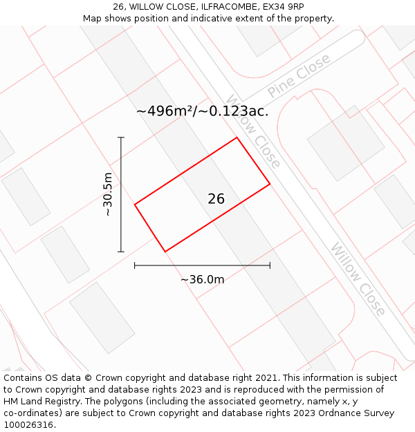 26, WILLOW CLOSE, ILFRACOMBE, EX34 9RP: Plot and title map