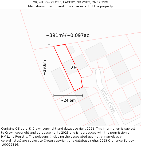 26, WILLOW CLOSE, LACEBY, GRIMSBY, DN37 7SW: Plot and title map