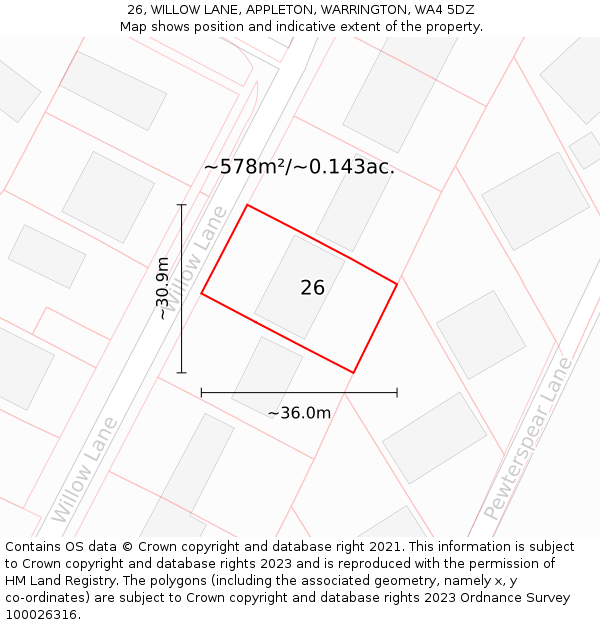 26, WILLOW LANE, APPLETON, WARRINGTON, WA4 5DZ: Plot and title map