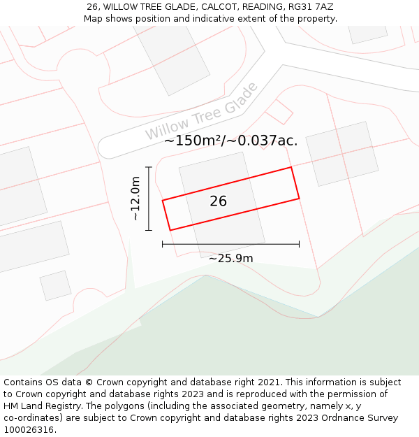 26, WILLOW TREE GLADE, CALCOT, READING, RG31 7AZ: Plot and title map