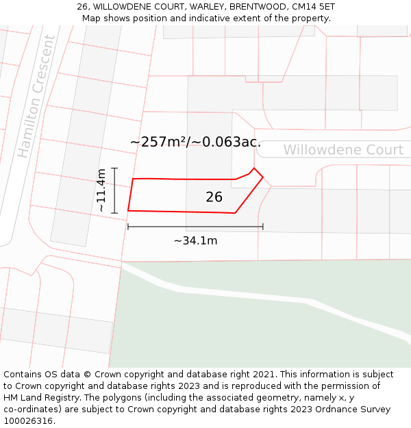 26, WILLOWDENE COURT, WARLEY, BRENTWOOD, CM14 5ET: Plot and title map
