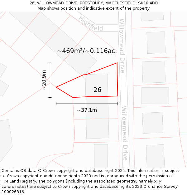 26, WILLOWMEAD DRIVE, PRESTBURY, MACCLESFIELD, SK10 4DD: Plot and title map