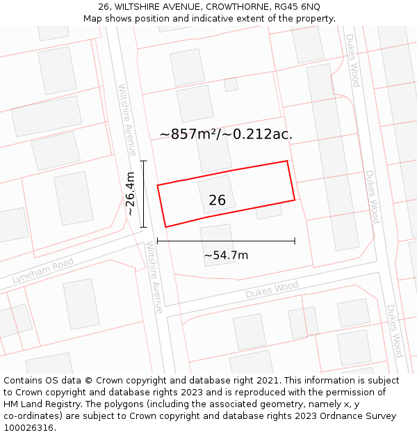 26, WILTSHIRE AVENUE, CROWTHORNE, RG45 6NQ: Plot and title map