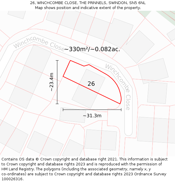 26, WINCHCOMBE CLOSE, THE PRINNELS, SWINDON, SN5 6NL: Plot and title map