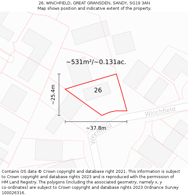 26, WINCHFIELD, GREAT GRANSDEN, SANDY, SG19 3AN: Plot and title map