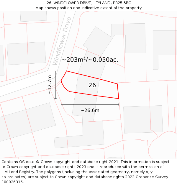 26, WINDFLOWER DRIVE, LEYLAND, PR25 5RG: Plot and title map