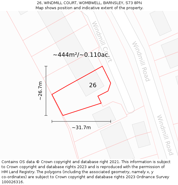 26, WINDMILL COURT, WOMBWELL, BARNSLEY, S73 8PN: Plot and title map