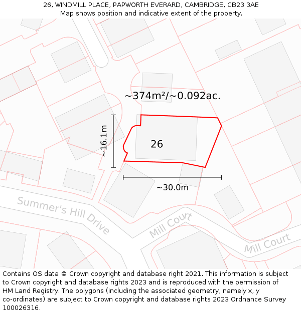 26, WINDMILL PLACE, PAPWORTH EVERARD, CAMBRIDGE, CB23 3AE: Plot and title map