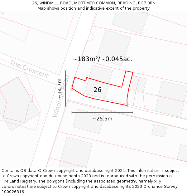 26, WINDMILL ROAD, MORTIMER COMMON, READING, RG7 3RN: Plot and title map