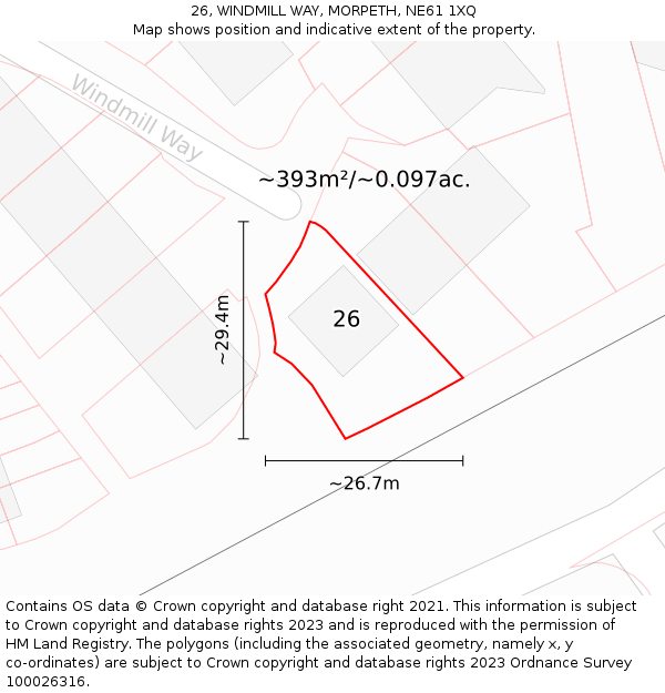 26, WINDMILL WAY, MORPETH, NE61 1XQ: Plot and title map