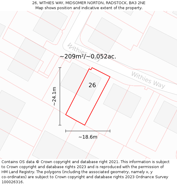 26, WITHIES WAY, MIDSOMER NORTON, RADSTOCK, BA3 2NE: Plot and title map