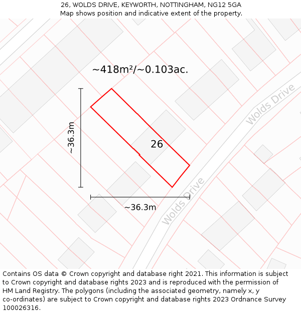 26, WOLDS DRIVE, KEYWORTH, NOTTINGHAM, NG12 5GA: Plot and title map
