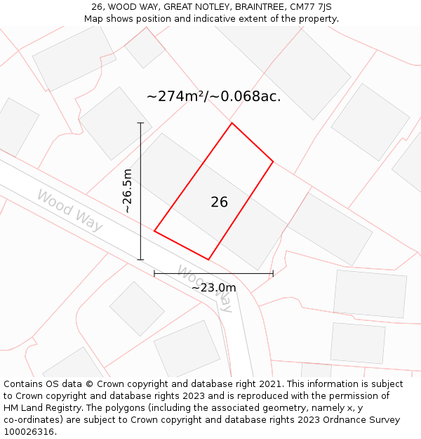 26, WOOD WAY, GREAT NOTLEY, BRAINTREE, CM77 7JS: Plot and title map