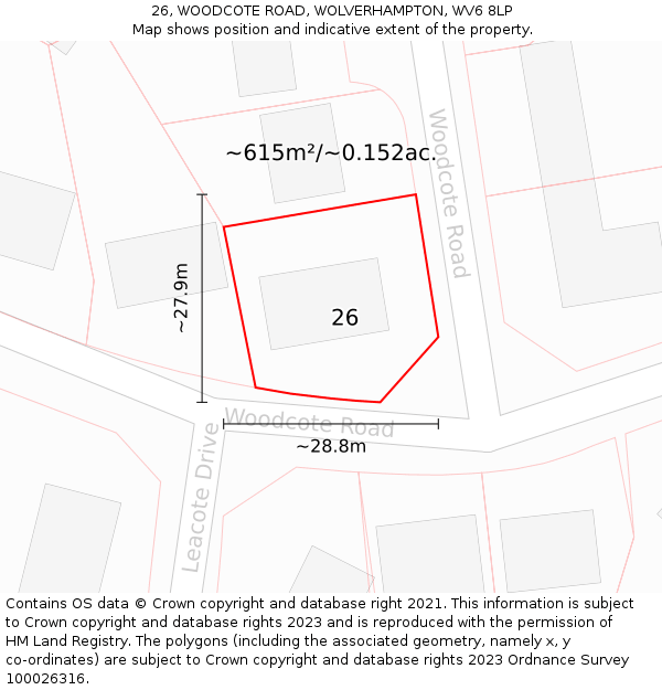 26, WOODCOTE ROAD, WOLVERHAMPTON, WV6 8LP: Plot and title map