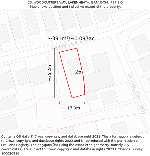 26, WOODCUTTERS WAY, LAKENHEATH, BRANDON, IP27 9JQ: Plot and title map