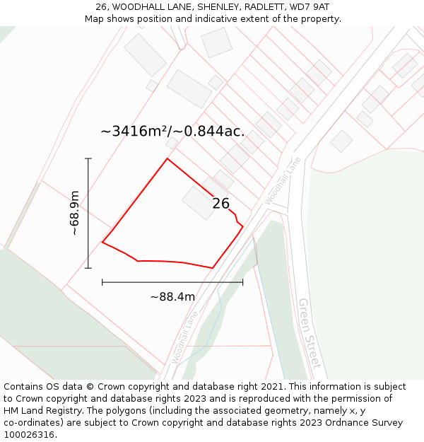 26, WOODHALL LANE, SHENLEY, RADLETT, WD7 9AT: Plot and title map