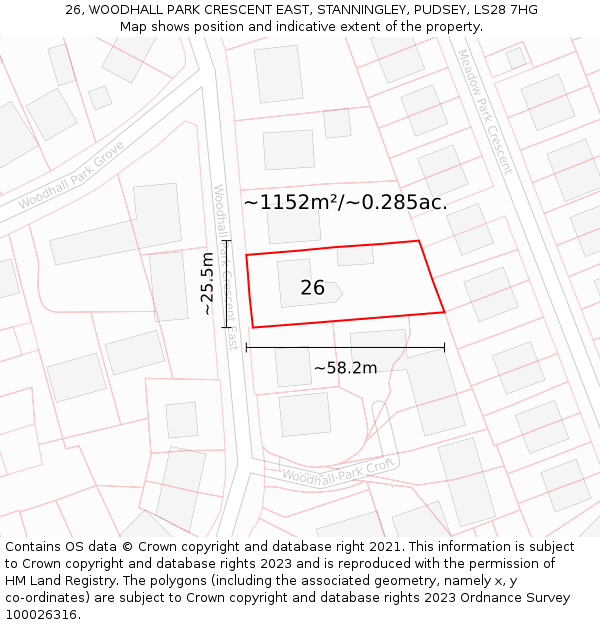 26, WOODHALL PARK CRESCENT EAST, STANNINGLEY, PUDSEY, LS28 7HG: Plot and title map